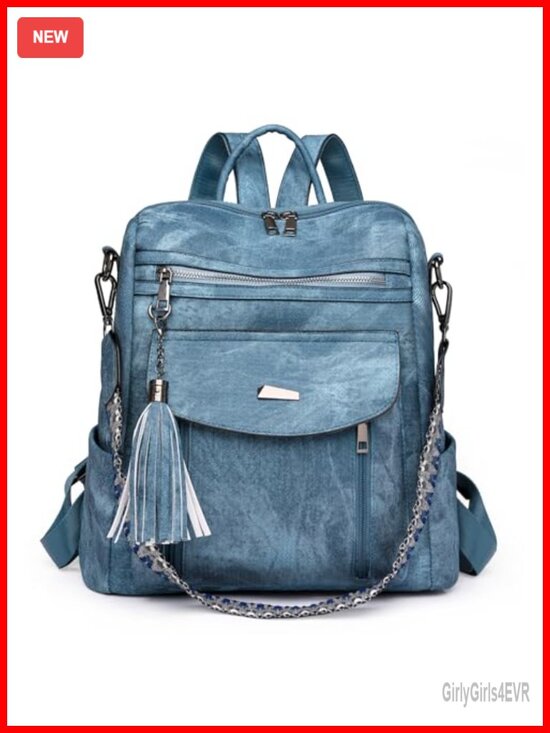 Faux Leather Convertible Backpack Purse with Tassel, Multi-Pocket Daypack for